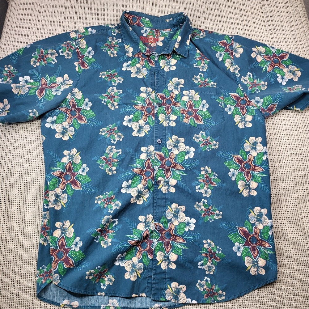 Stranger Things Shirt Mens 2XL Blue Floral Short Sleeve Hawaiian Button Front